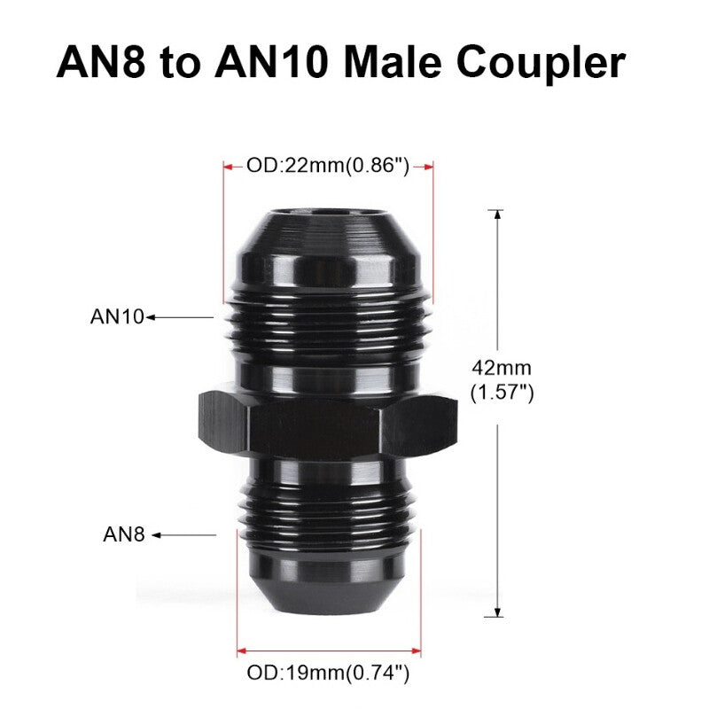 2Pcs 8AN to 10AN Male Flare Coupler Union Straight Fuel Hose Adapter Fitting Blk