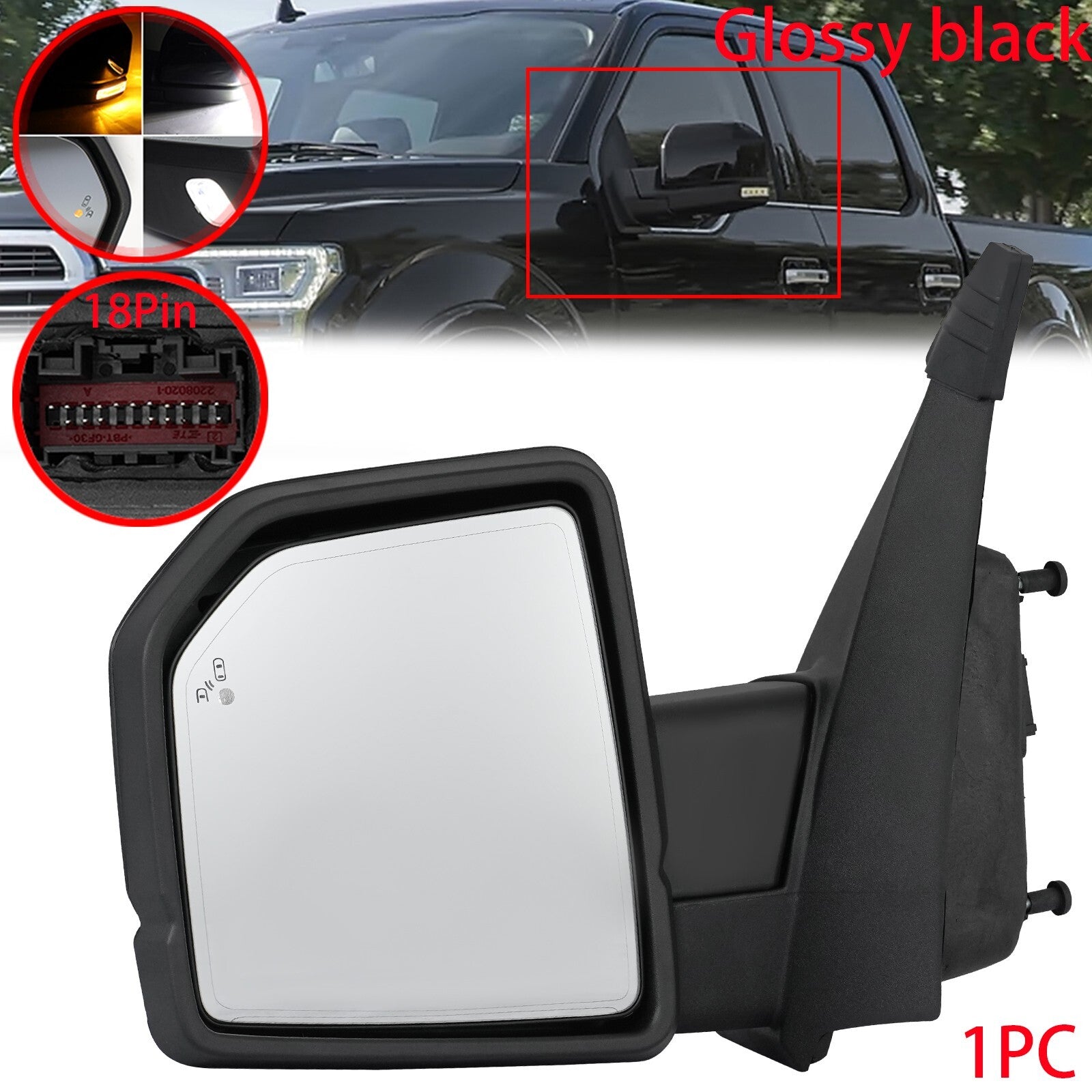 Driver's left-side mirror compatible with 2015-2020 for Ford F-150s, power folding, memory blind spot feature.