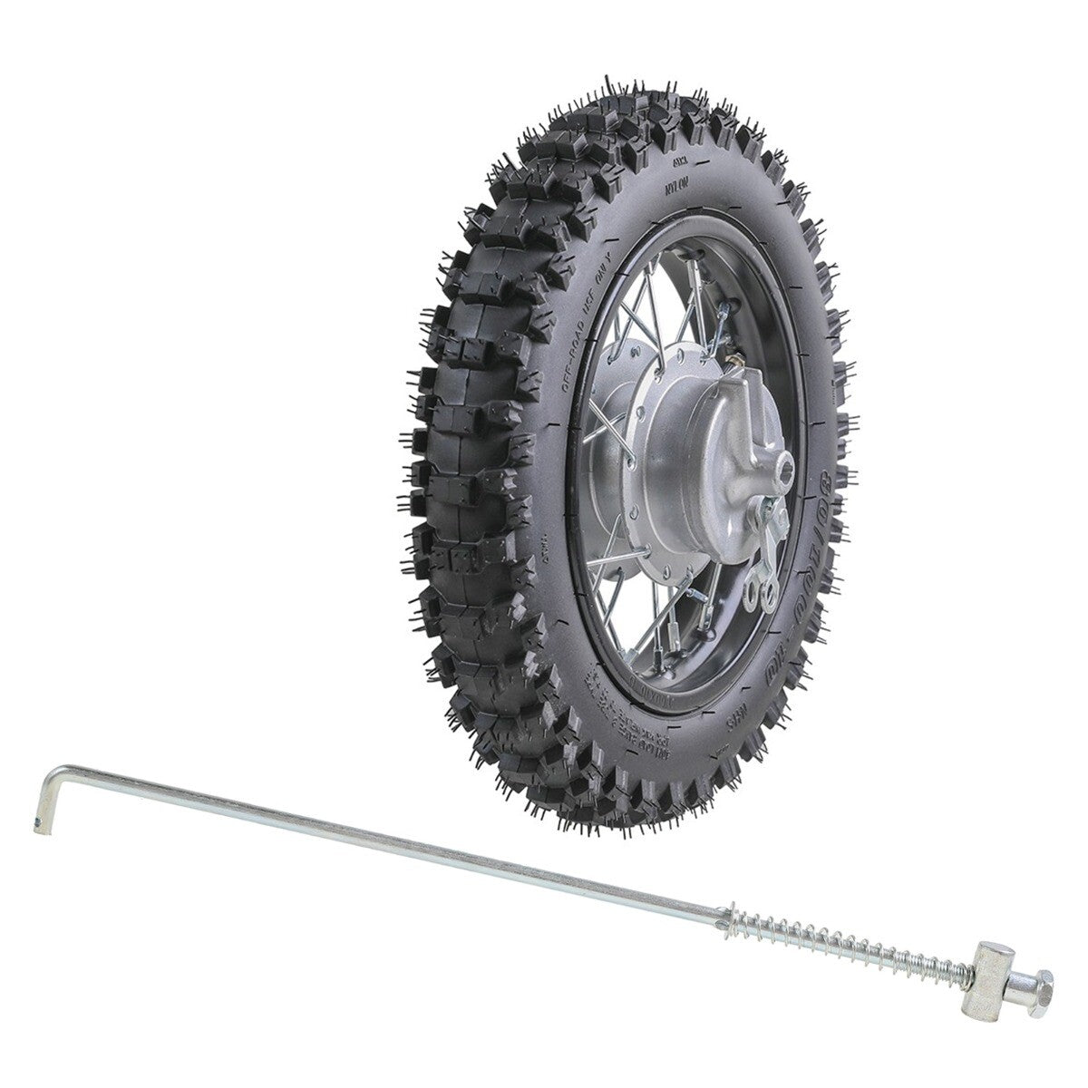 10-inch rear wheel, 80/100-10 tire, 3.00-10 rim, drum brake lever, pitted bicycle CRF70 XR70 SSR