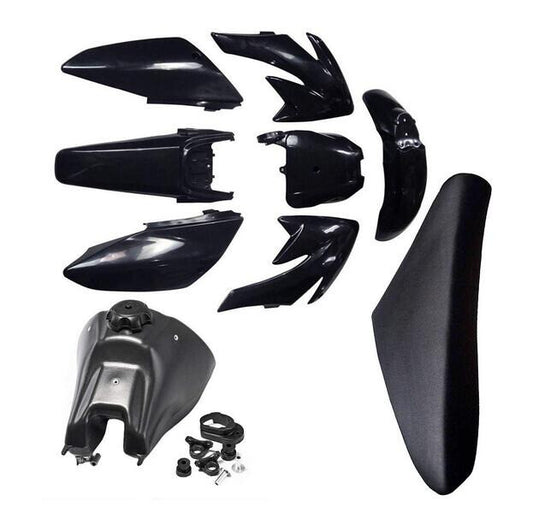 Plastic kit, fuel tank, and for seat for Honda cRF70 Pit bicycles 125cc, 140cc, and 200cc.
