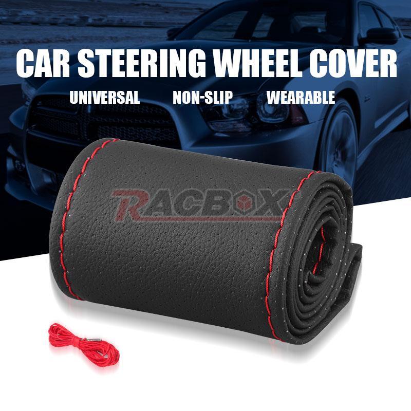 Black Car Steering Wheel Cover DIY Leather Needle Thread Anti-slip For 15 38CM