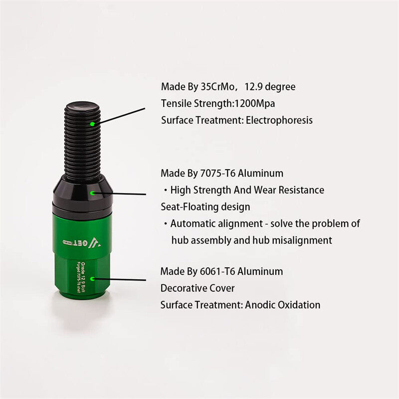 20x M14x1.5 Green Wheel Lug Bolt 35mm Shank Cone for Seat Stud for Most Aftermarket