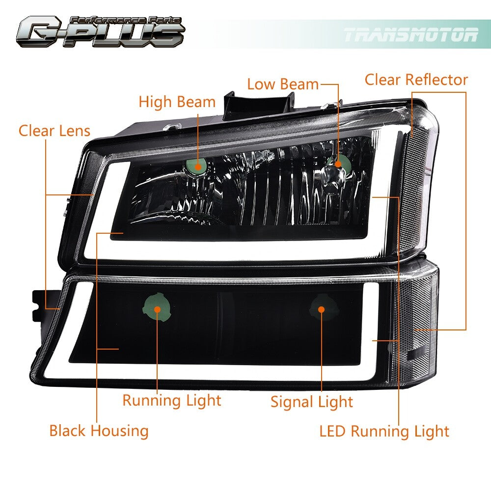 Suitable for 03-06 Silverado 1500 2500 motorcycles. Black/clear LED headlights + red taillights.
