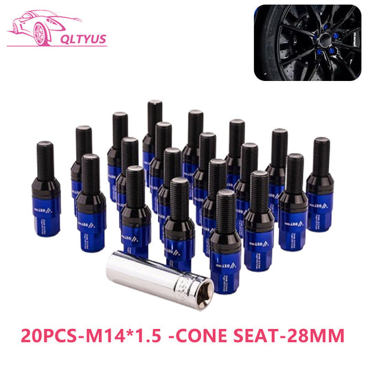 20-piece set of 28mm M14x1.5 wheel lug bolts and tapered for seat studs suitable for most aftermarket applications. Blue