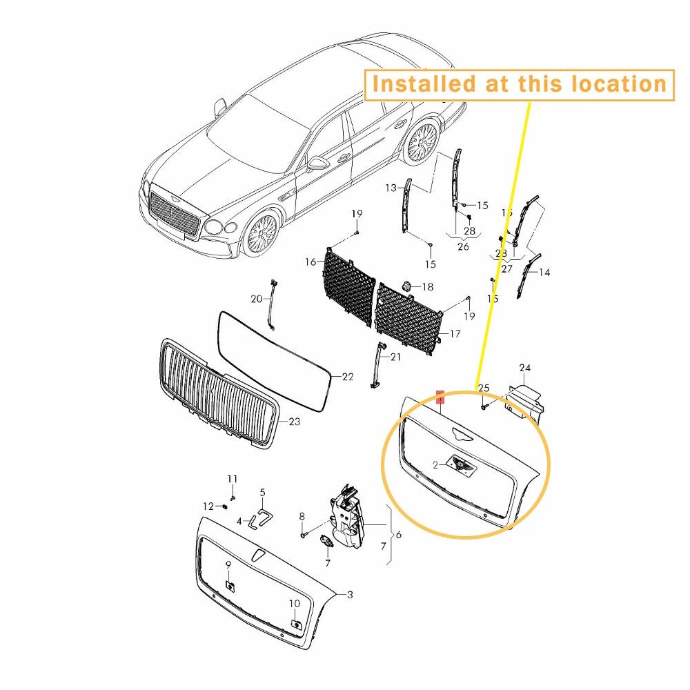 Radiator grille trim for 2020-2022 for Bentley New Flying Spur. Equipment Manufacturer: 3SE853653A