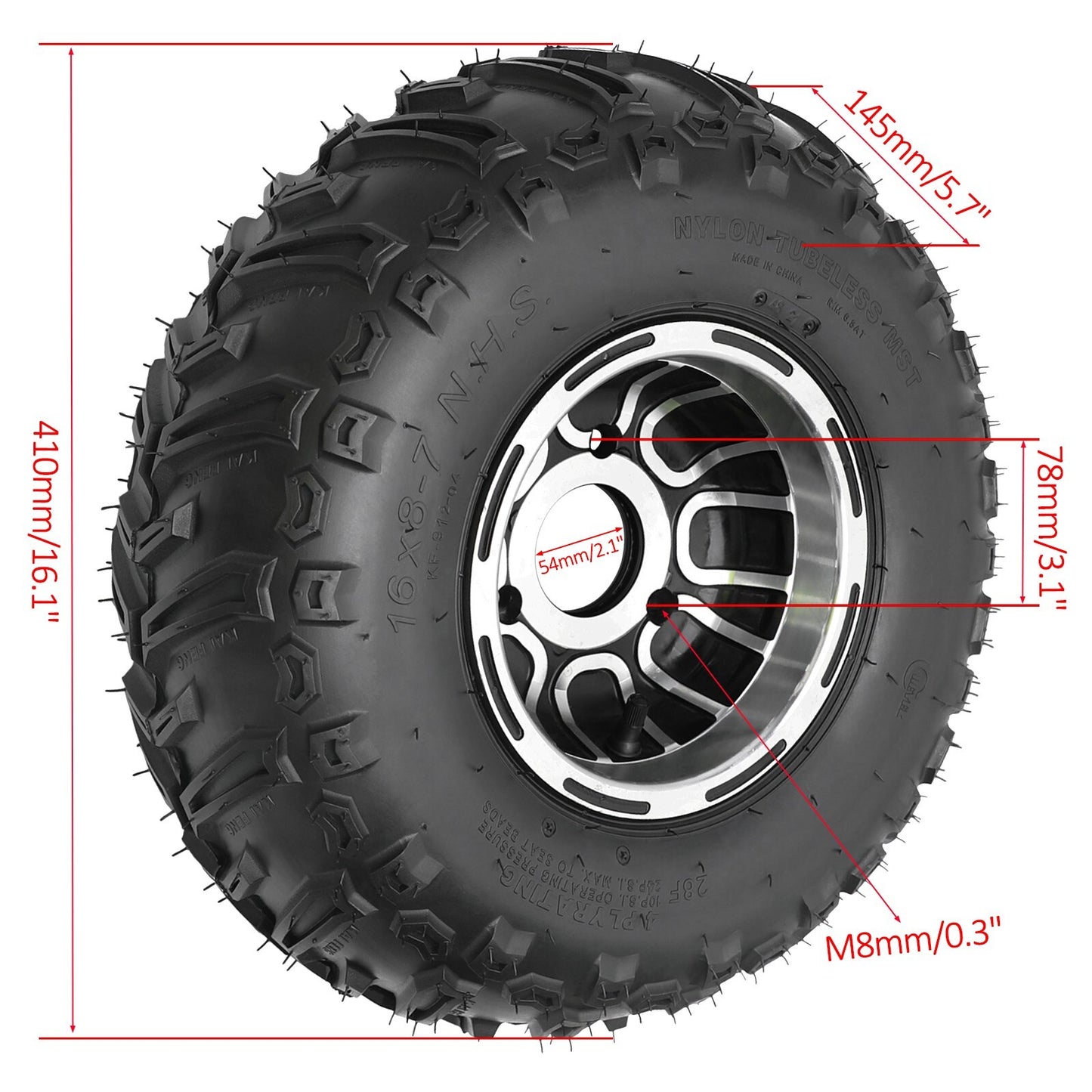 16x8-7 16x8x7 All-Terrain Vehicle (UTV) Tires 16x8.00-7 16x8.00x7 Go-Kart Tires and Rim 4PR 3 Lug