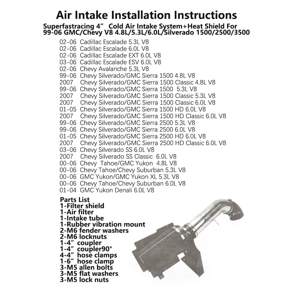 4inch Cold Air Intake System Heat Shield For 99-06 for GMC / for Chevy V8 4.8L/5.3L Blue