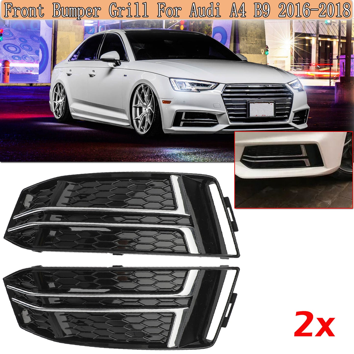 2-Piece Front Bumper Grille Fog Light Cover Grille for Audi A4 S Series B9 2016-18