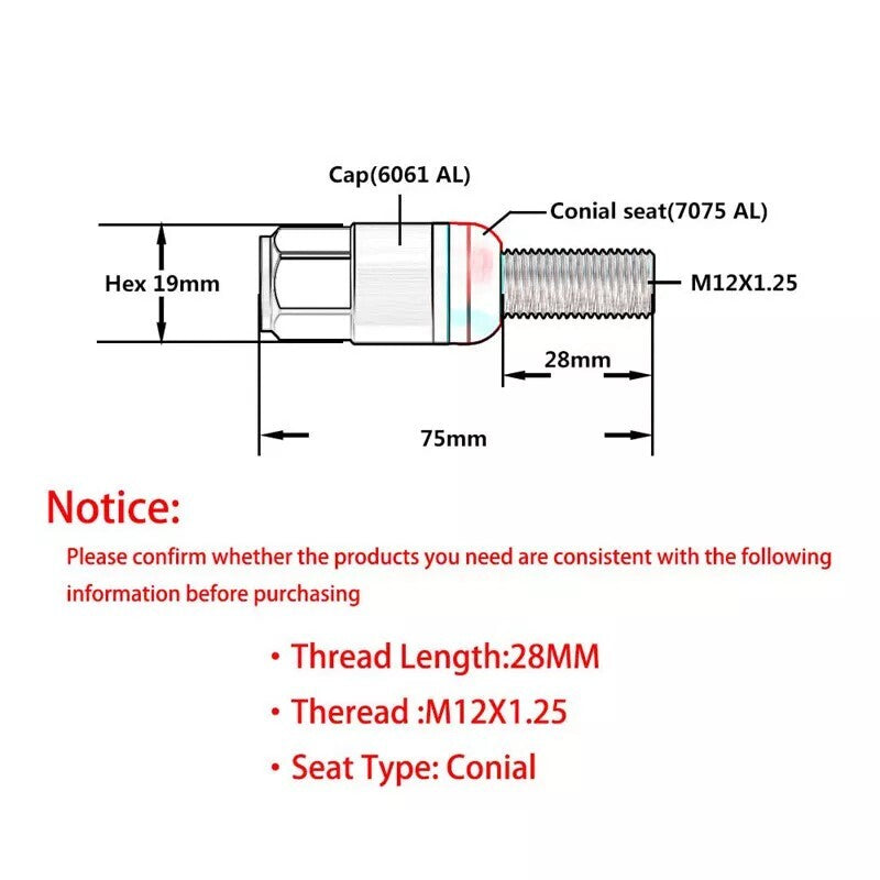 20-pack 28mm M12x1.25 wheel lug bolts with tapered for seat studs for Jeep for Chrysler for Dodge Red