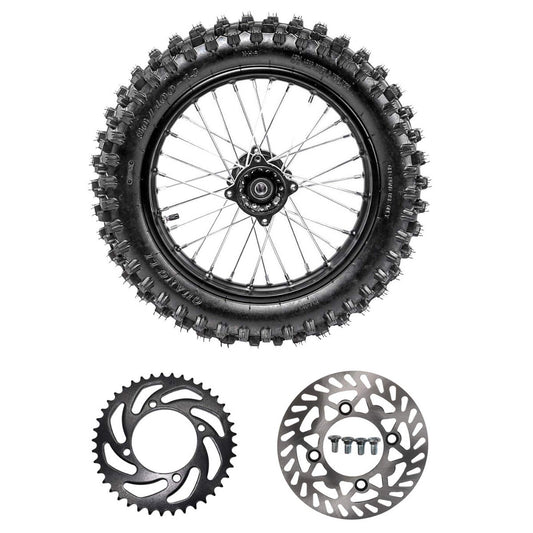 Rear wheel 90/100-14 rim, disc rotor, sprocket pits, dirt on Apollo SSR 125CC bicycle.