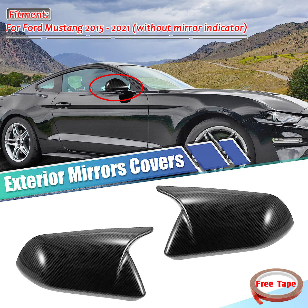 2-Piece Carbon Fiber Side Mirror Caps with M-Speaker for Ford for Mustang 2015 - 21